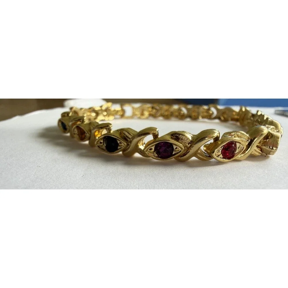 Vintage Blanca Gold Tone Jewel Tone Rhinestone XO Tennis Bracelet USA Marked